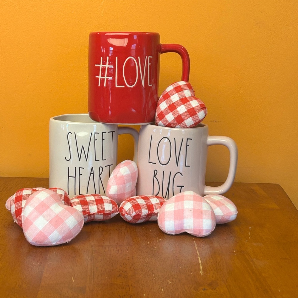Rae Dunn Red #LOVE Ceramic Mug with Beige Message Mugs & Pink Gingham Hearts